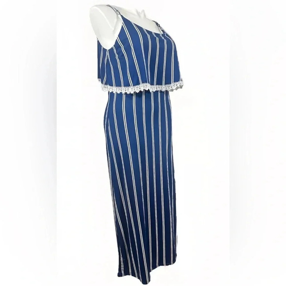 NEW Rouge Collection 1X Navy Striped Stretch Lightweight Maxi Dress Ruffle Front - Picture 5 of 13